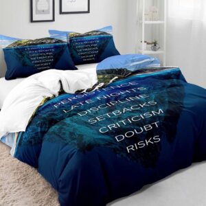 LUVIVIHOME 3PCS Blue Duvet Cover Queen Bedding, Success Motivational Positive Quotes Mountain Blue Ocean Comforter Quilt Cover, College Dorm Decor, Graduation Gifts, Inspirational Gifts 2 Pillow Shams