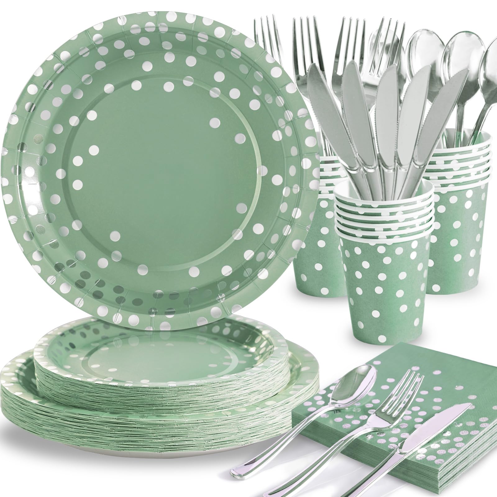 Gudvilla Sage Green Paper Plates-168pcs Sage Green Plates Disposable Party Supplies Serve 24 for Sage Green and Silver Birthday Wedding Baby Shower Party Decorations