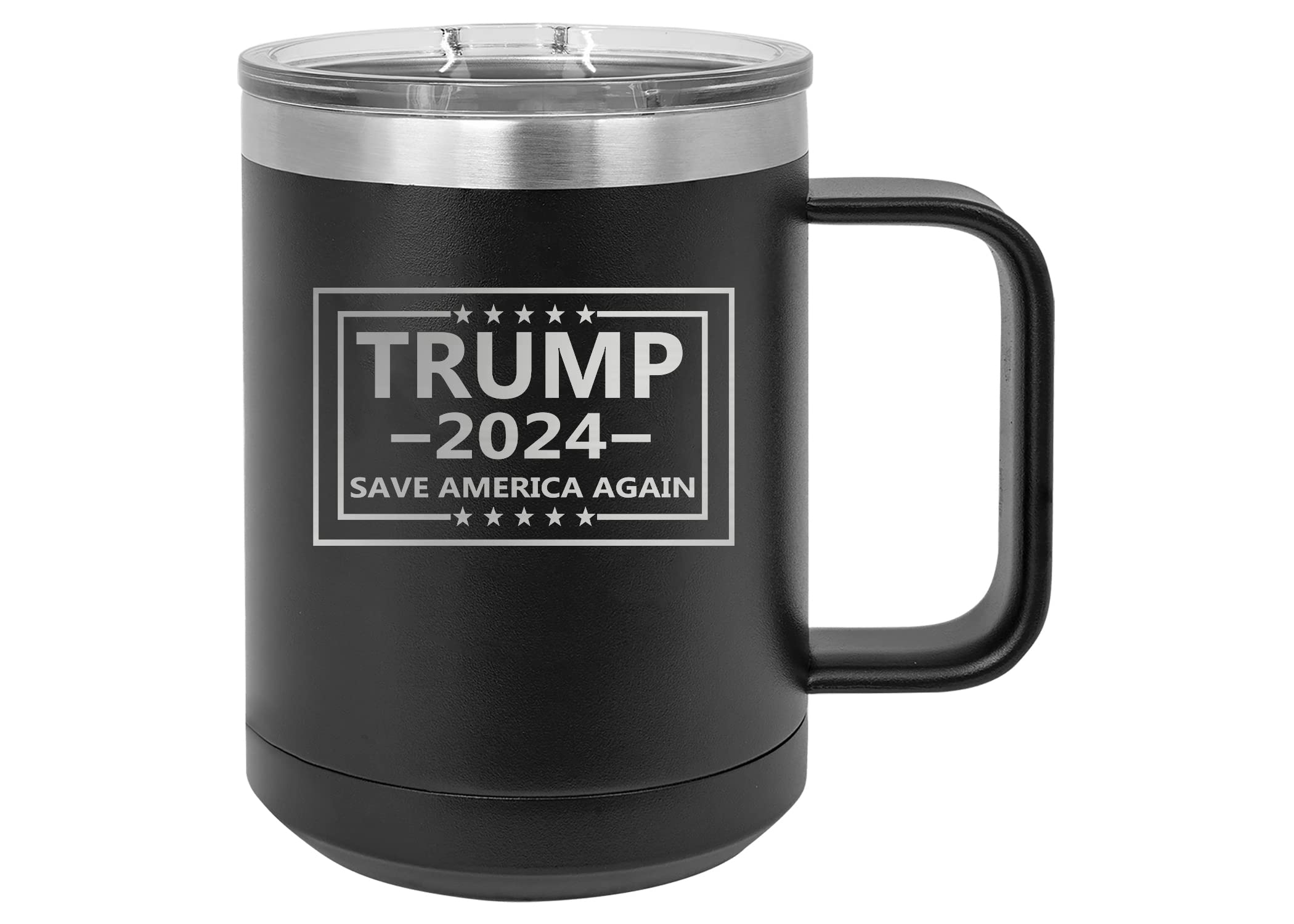 Rogue River Tactical Donald Trump 2024 Save America Heavy Duty Stainless Steel Black Coffee Mug Tumbler With Lid Novelty Cup Great Gift Idea For Conservative or Republican