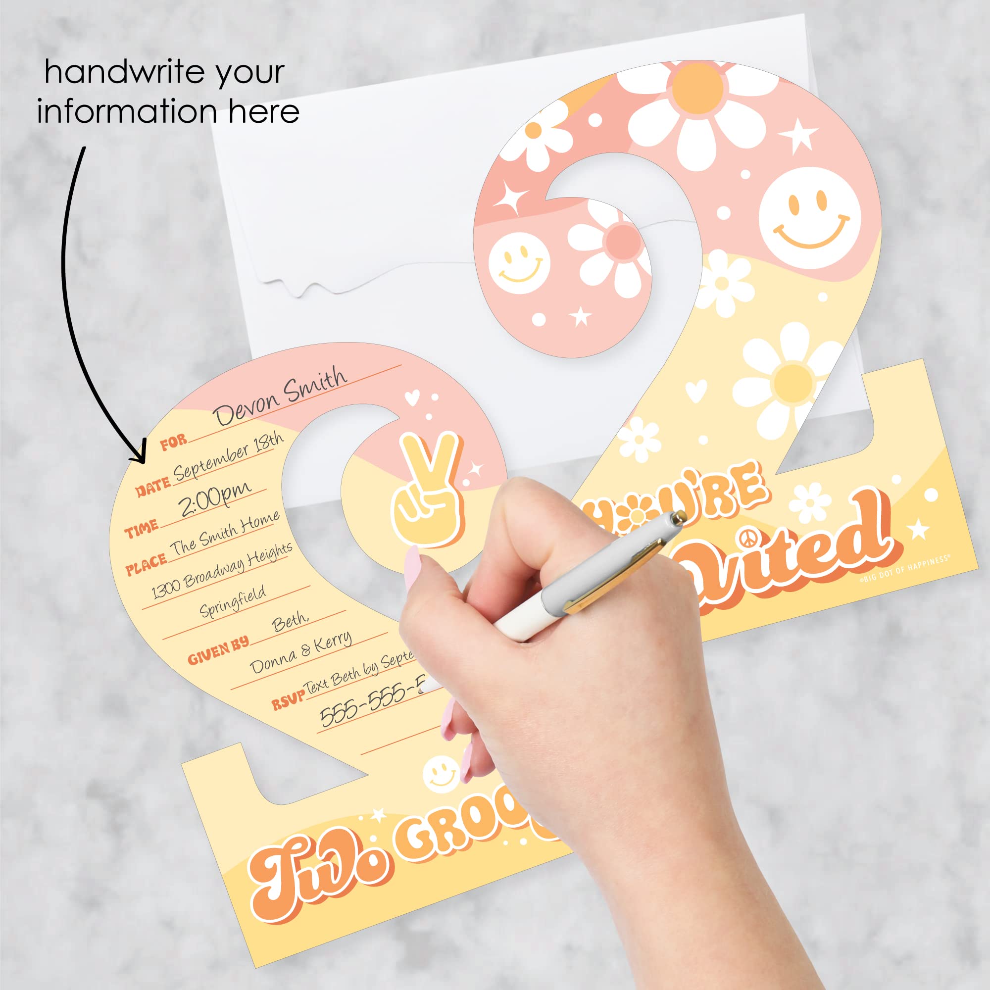 Big Dot of Happiness Two Groovy - Shaped Fill-In Invitations - Boho Hippie Second Birthday Party Invitation Cards with Envelopes - Set of 12