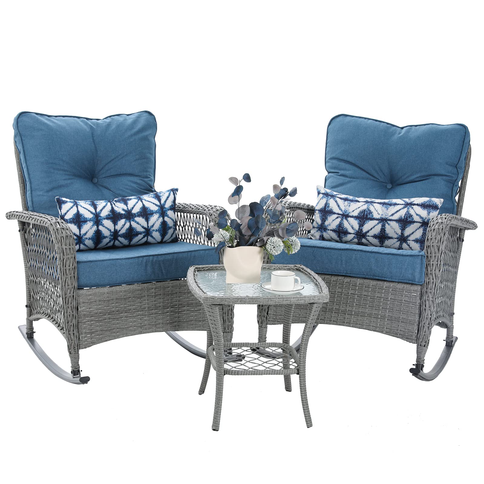 VONZOY Patio Furniture Set 3 Pieces, Wicker Rocking Bistro Set with Thick Cushions, Outdoor Rocker Chairs and Coffee Table for Porch, Backyard or Garden (Blue)