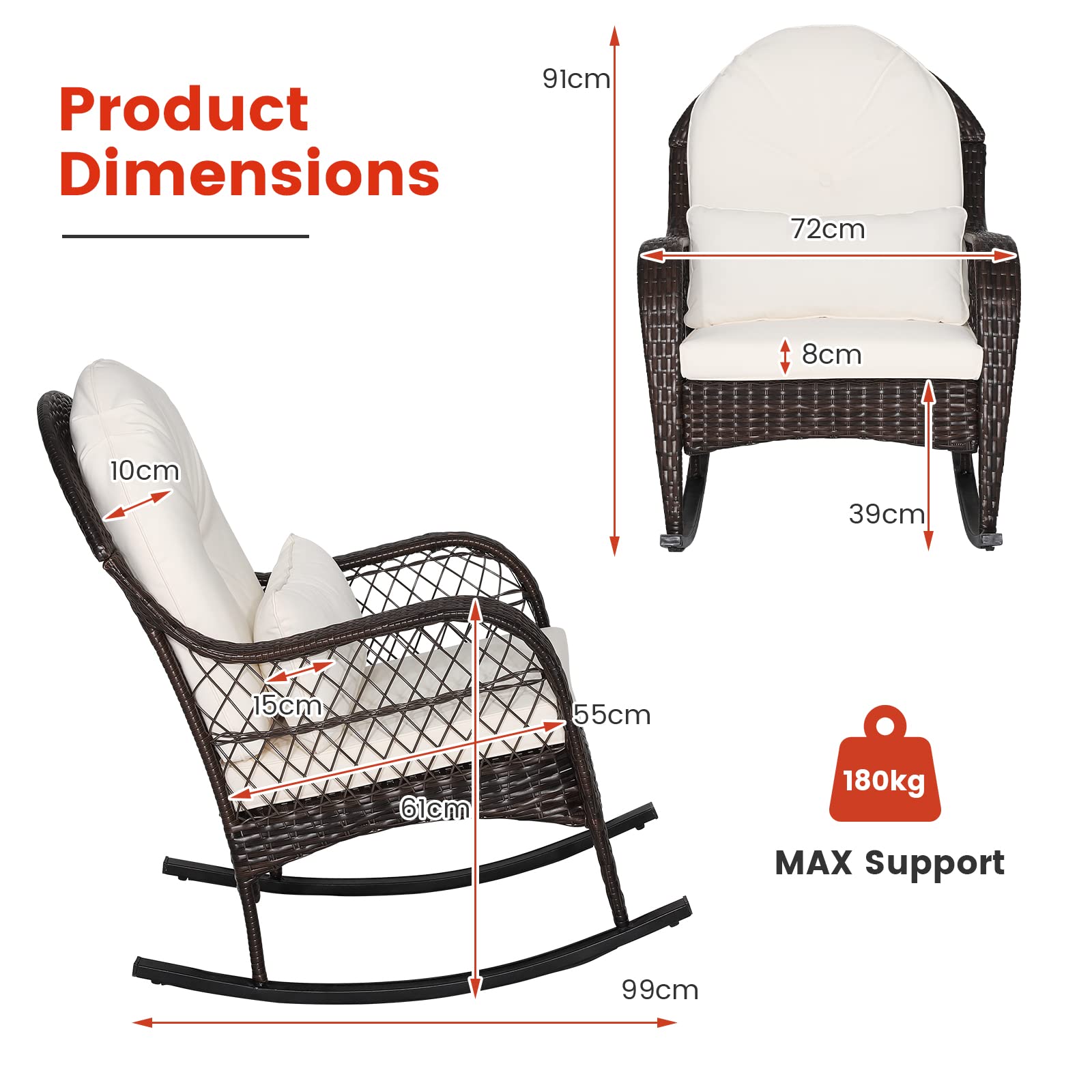 ORALNER Patio Wicker Rocking Chair, Outdoor PE Rattan Rocker with Seat and Back Cushion, Waist Pillow, Armrests, Garden Chair for Porch, Backyard, Poolside, Deck (1, Off White)