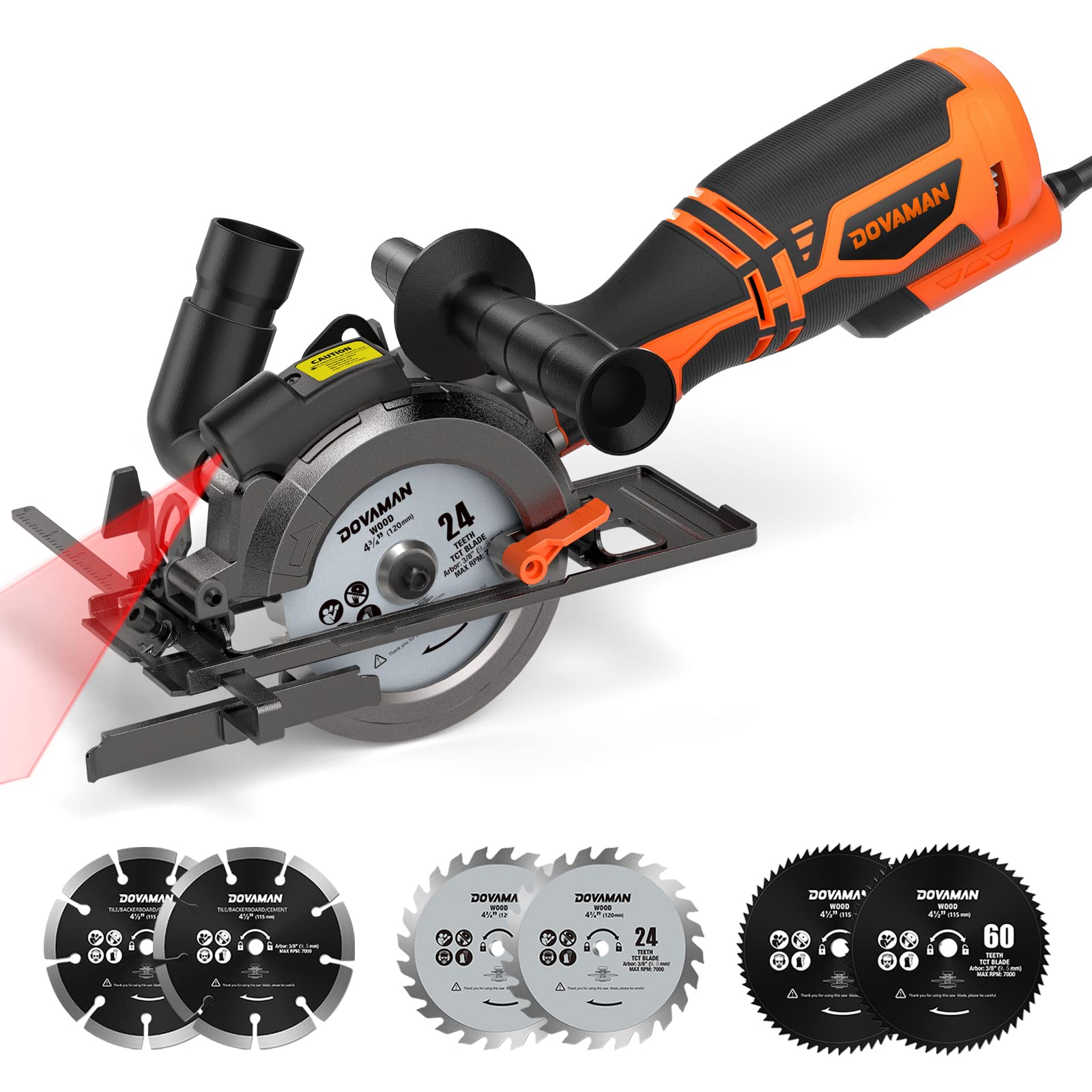 DOVAMAN Circular Saw, 5.8A 4-1/2" Circular Saw w/Laser, Metal Auxiliary Handle, 6 Saw Blades (4½", 4¾"), Cutting Depth 1-11/16" (90°), 1-3/8" (45°), Ideal for Wood, Soft Metal, Plastic, Tile - MCS01A