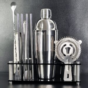 Bartender Kit, 13 Piece Cocktail Shaker Set Stainless Steel Bar Tools with Black Stand, 25 oz Shaker, Jigger, Spoon, Pourers, Muddler, Strainer, Tongs, Recipes