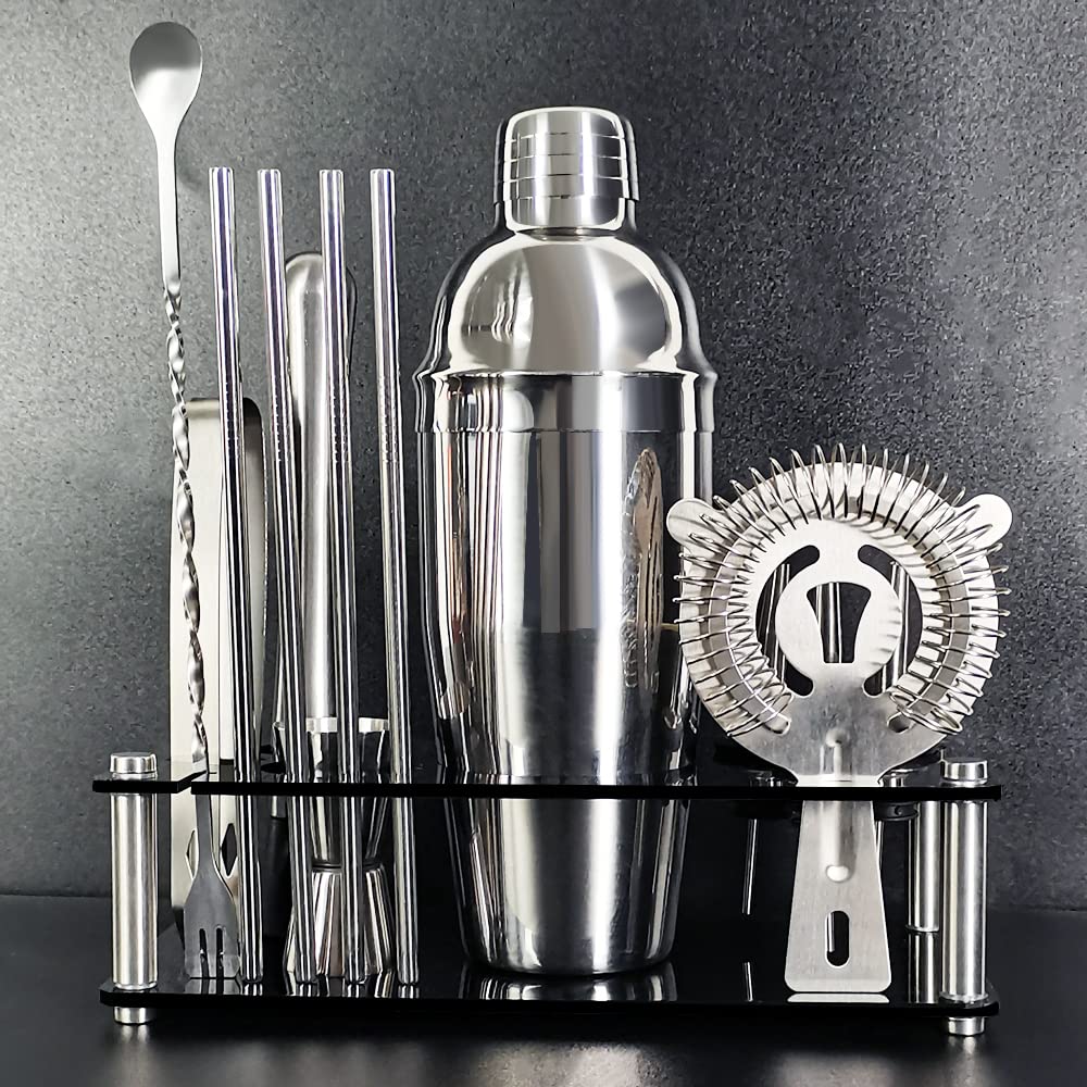 Bartender Kit, 13 Piece Cocktail Shaker Set Stainless Steel Bar Tools with Black Stand, 25 oz Shaker, Jigger, Spoon, Pourers, Muddler, Strainer, Tongs, Recipes