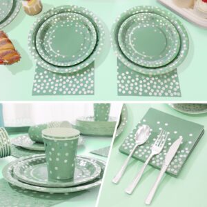 Gudvilla Sage Green Paper Plates-168pcs Sage Green Plates Disposable Party Supplies Serve 24 for Sage Green and Silver Birthday Wedding Baby Shower Party Decorations