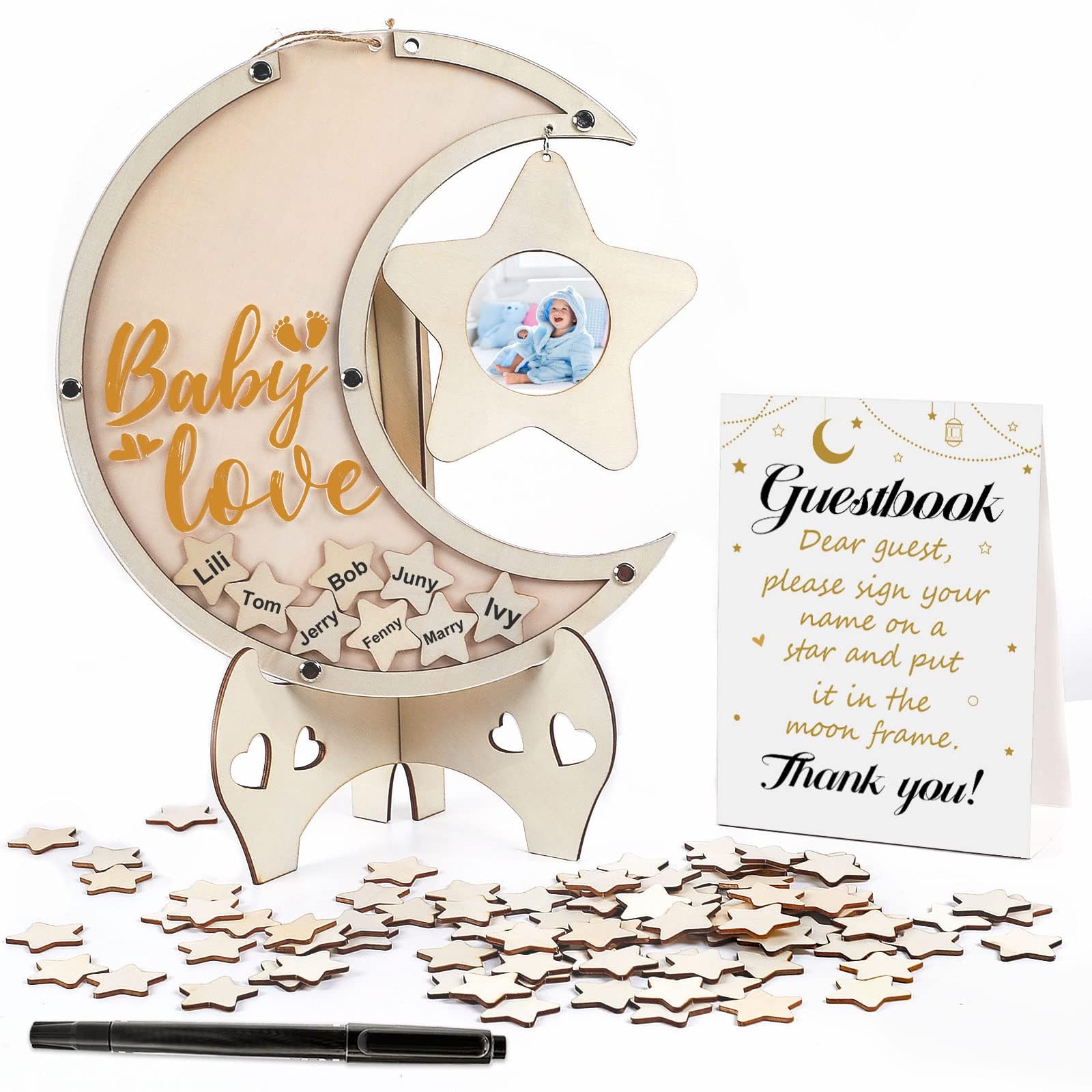 Baby Shower Guest Book Alternatives Moon Guest Book for Baby Shower Guest Book Frame with Star Baby Shower Decorations Guest Book Alternative for Wedding Boys Girls Birthday Party Keepsake(Brown)