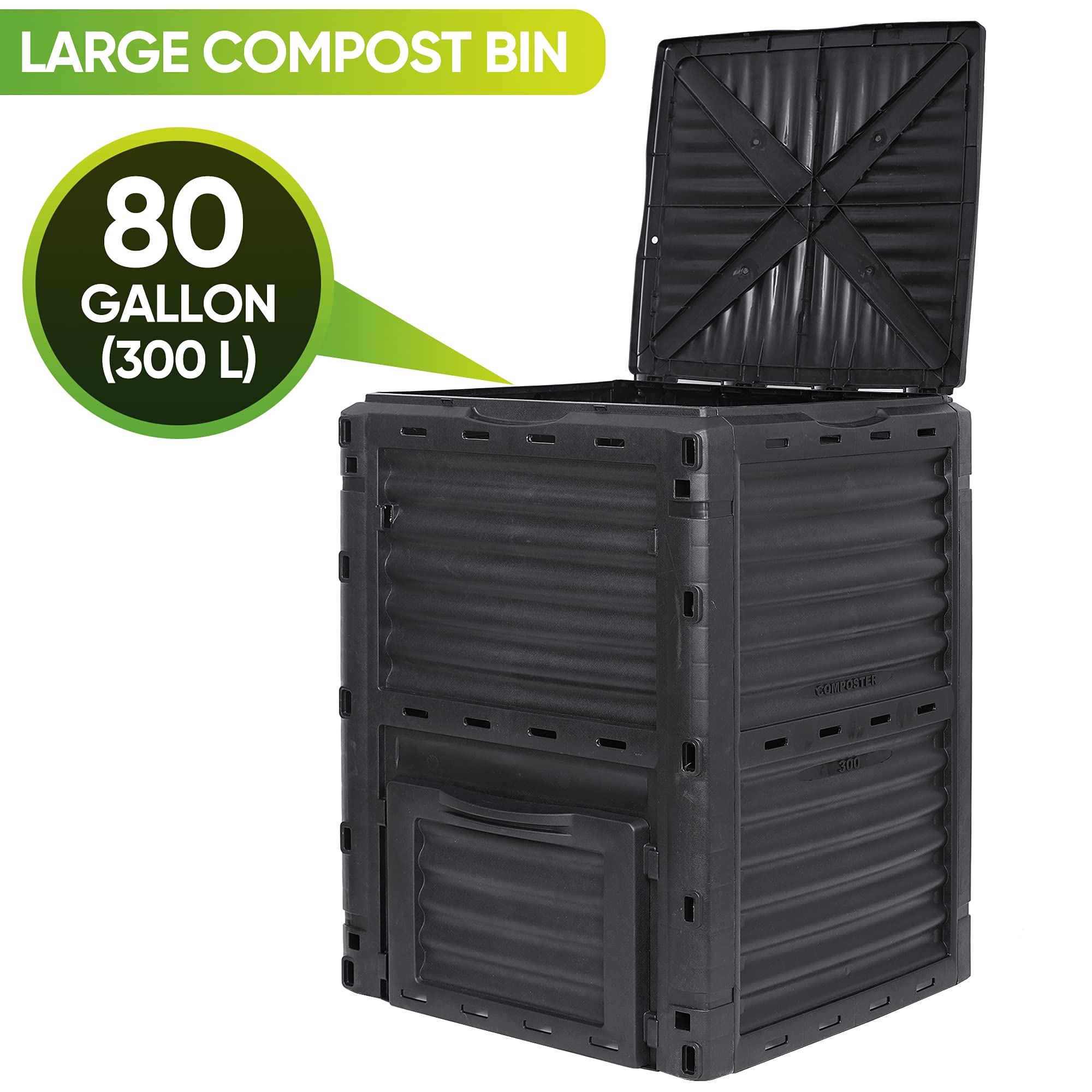 HomGarden 80 Gallon (300 L) Compost Bin from BPA Free Material, Easy Assemble Lightweight & Large Capacity, Outdoor Garden Compost Box, Fast Creation of Fertile Soil, Black