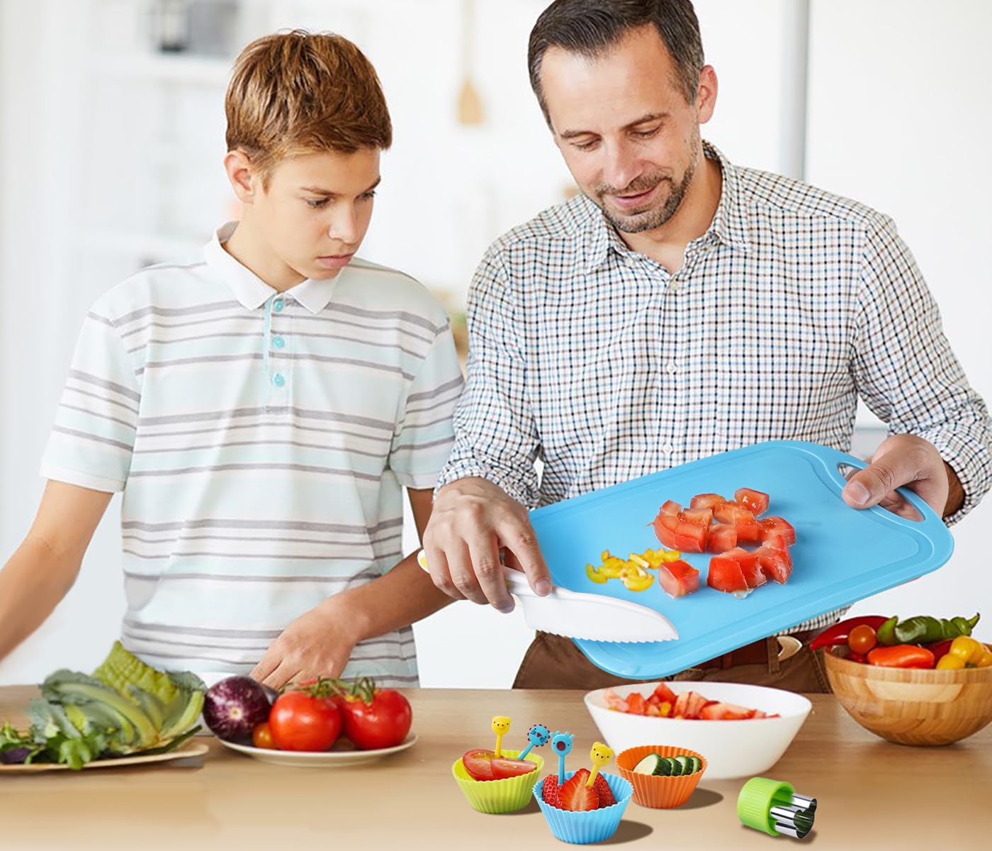 Kids Knives Set for Real Cooking - Toddler Knife Set with Cutting Board, Kids Safe Knife, Peeler, Plastic Potato Slicers, Fruit Cutters and Fork Picks for Kitchen