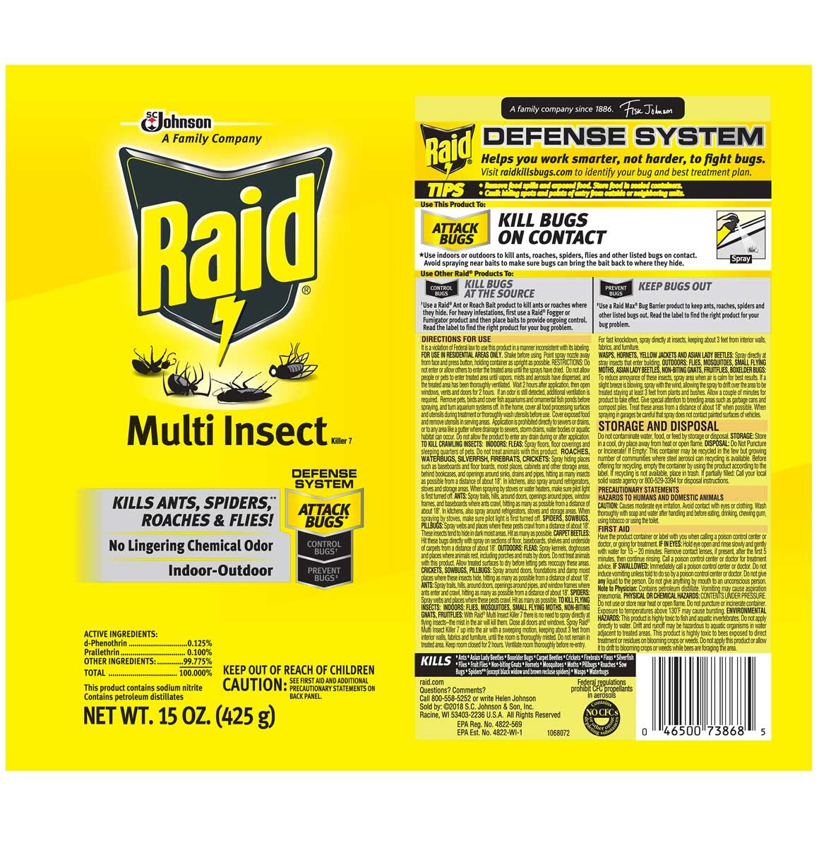 Raid Multi Insect Killer, Kills Ants, Spiders, Roaches and Flies, for Indoor and Outdoor use, 15 Oz (Pack of 4)