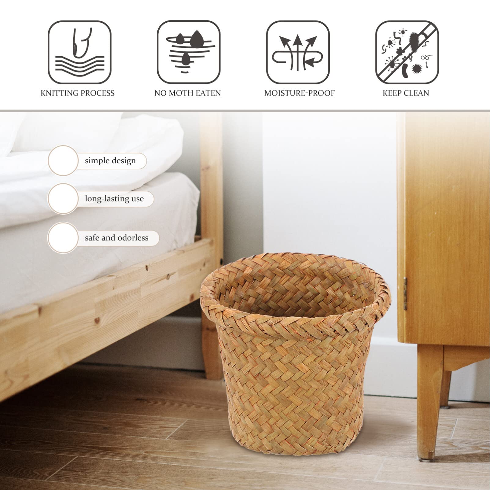 Operitacx Wicker Trash Basket Natural Woven Trash Bin Seagrass Waste Basket Round Trash Baskets Garbage Bin Basket Organizer Bedroom Offices Decoration Office Accessories