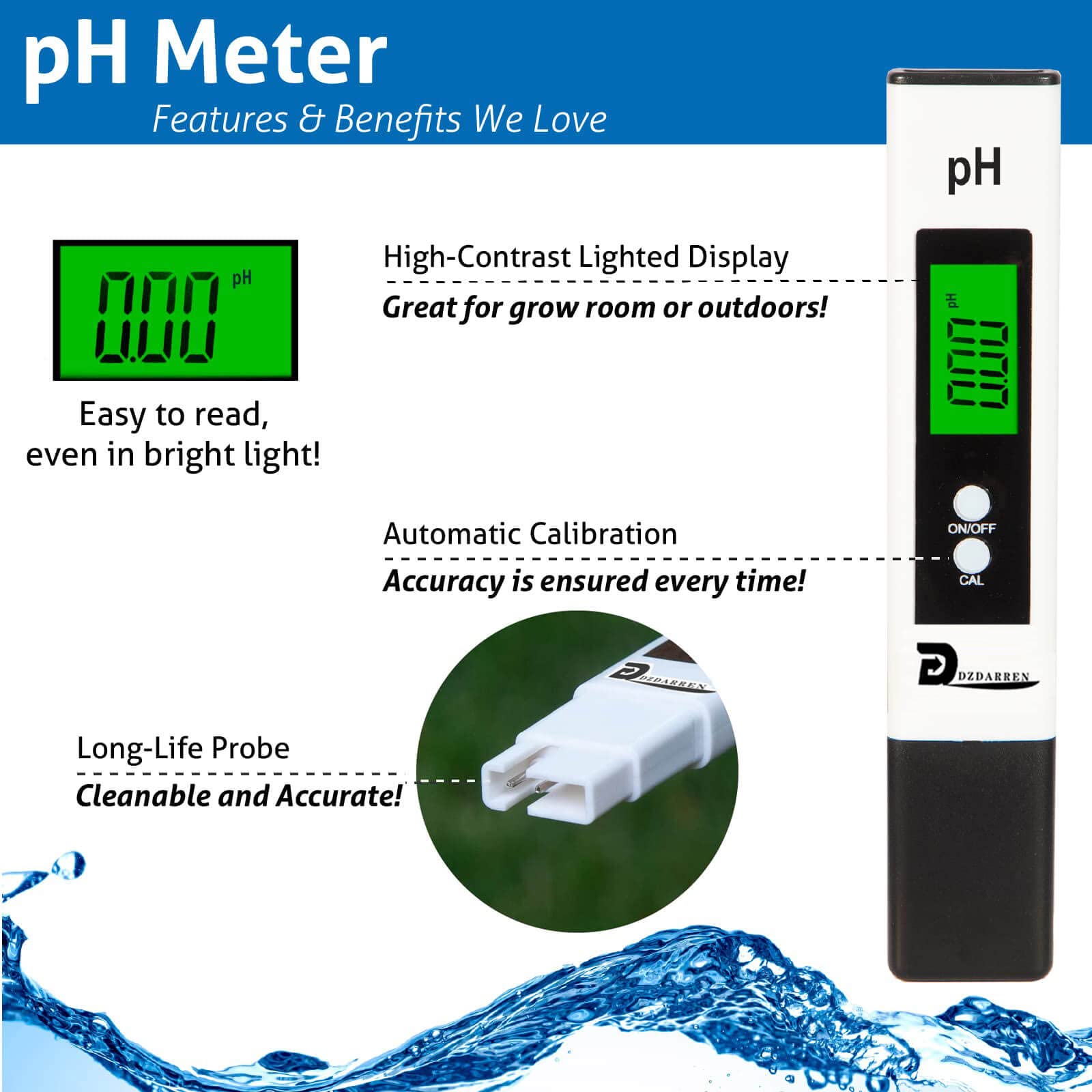 PH Meter, Digital 4 in 1 PH EC TDS Temp Meter for Water Hydroponics, Waterproof DWC PH and EC PPM Water Tester with Backlit for Nutrients Growing,Pool,Indoor Garden, Home Brewing, Aquarium, Hot Tub