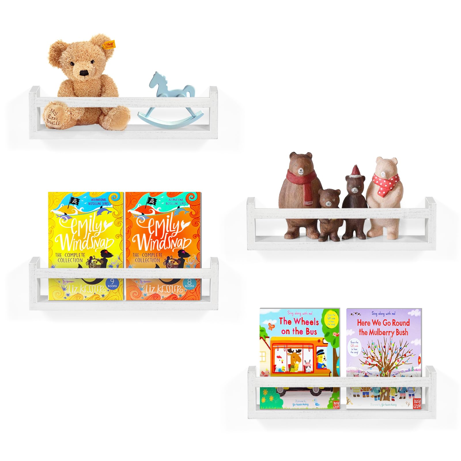 NANANARDOSO Nursery Room Shelves Wall Mounted, Set of 4 Natural Wood Floating Book Shelves for Kids Bedroom, Baby Nursery Décor, Kid Bookshelf Organizer for Bathroom Decor, Floating Bookshelf, White