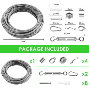 Vousile 98ft Clotheslines, Turnbuckle Wire Tensioner Kit with 3mm 30m Stainless Steel Wire Rope for Camping Travel, Strings Hanging, Shade Sails, Drying Clothesline