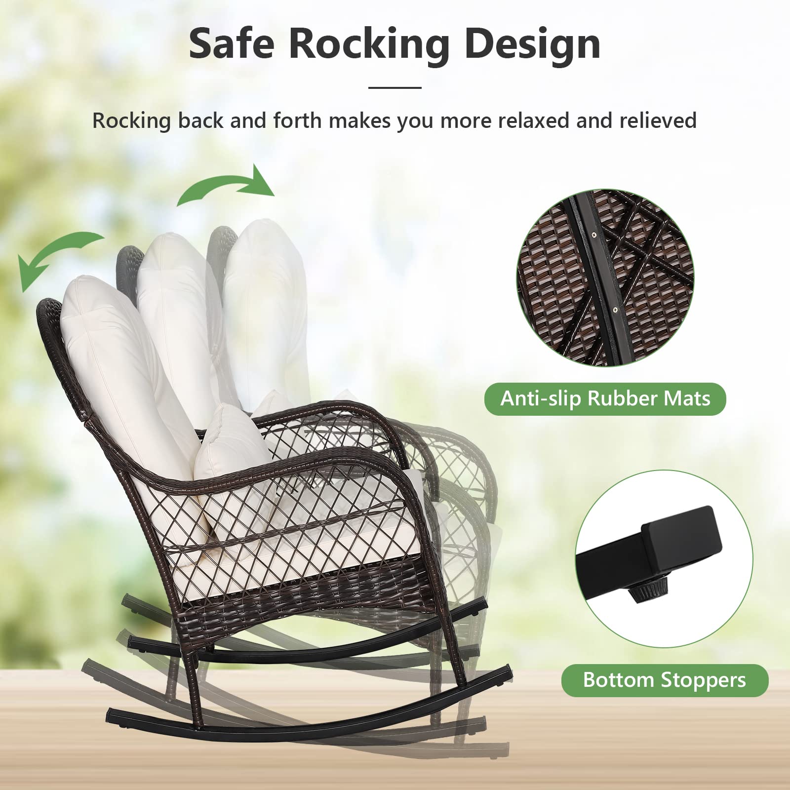 ORALNER Patio Wicker Rocking Chair, Outdoor PE Rattan Rocker with Seat and Back Cushion, Waist Pillow, Armrests, Garden Chair for Porch, Backyard, Poolside, Deck (1, Off White)