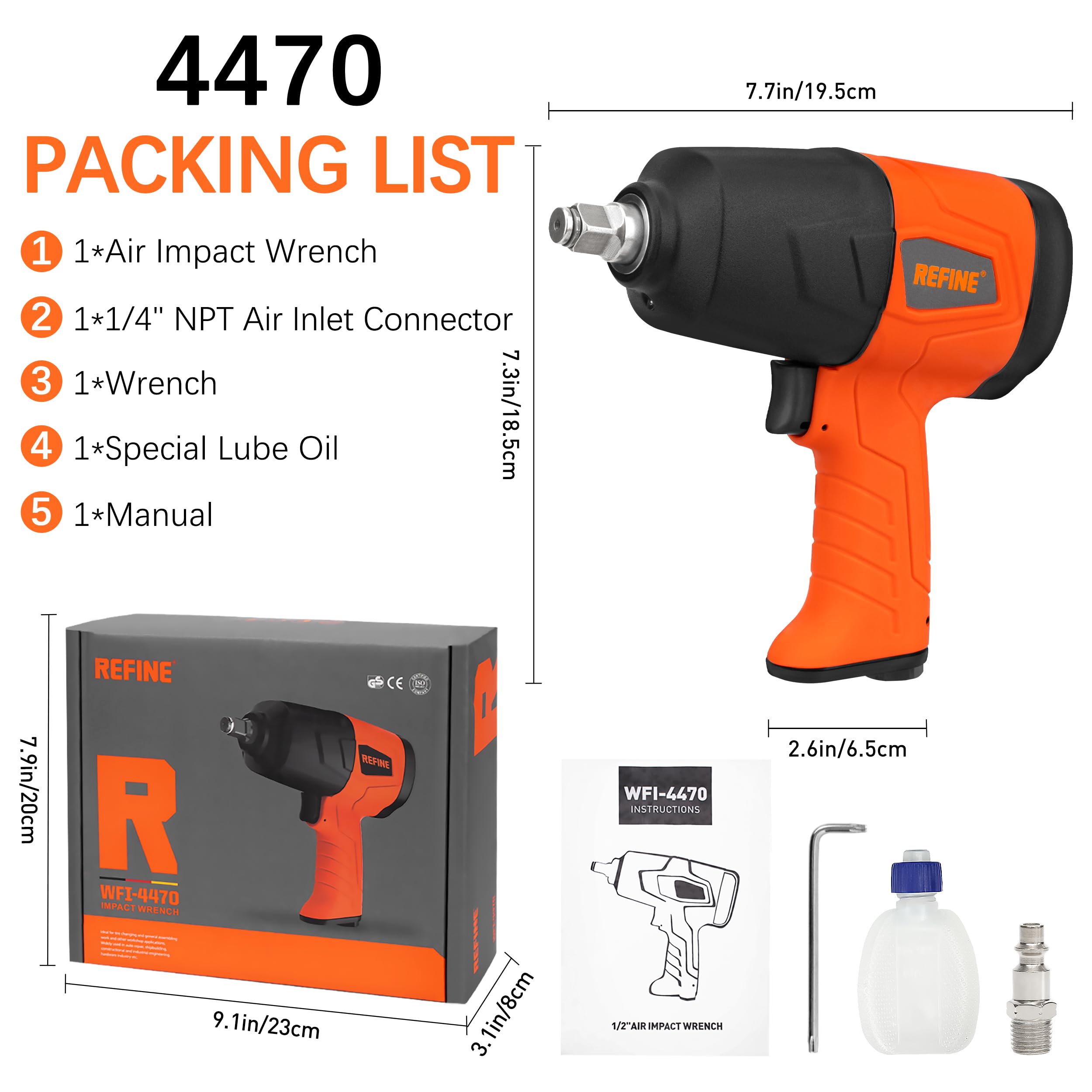 REFINE 1/2 Inch Air Impact Wrench, Air Impact Gun with Max Torque 663 ft-lbs,Reversible,Twin Hammer,Pneumatic Impact Gun for Automobile Industry,Changing Tires