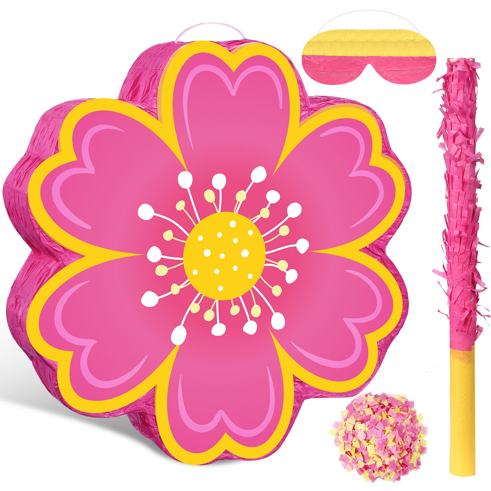 Aoriher Daisy Flower Piñata Set Include Bat Blindfold Confetti Tassel Flower Piñata Daisy Hippie Boho Piñata for Birthday Baby Shower Gender Reveal Wedding Floral Party Supplies(Pink Flower)