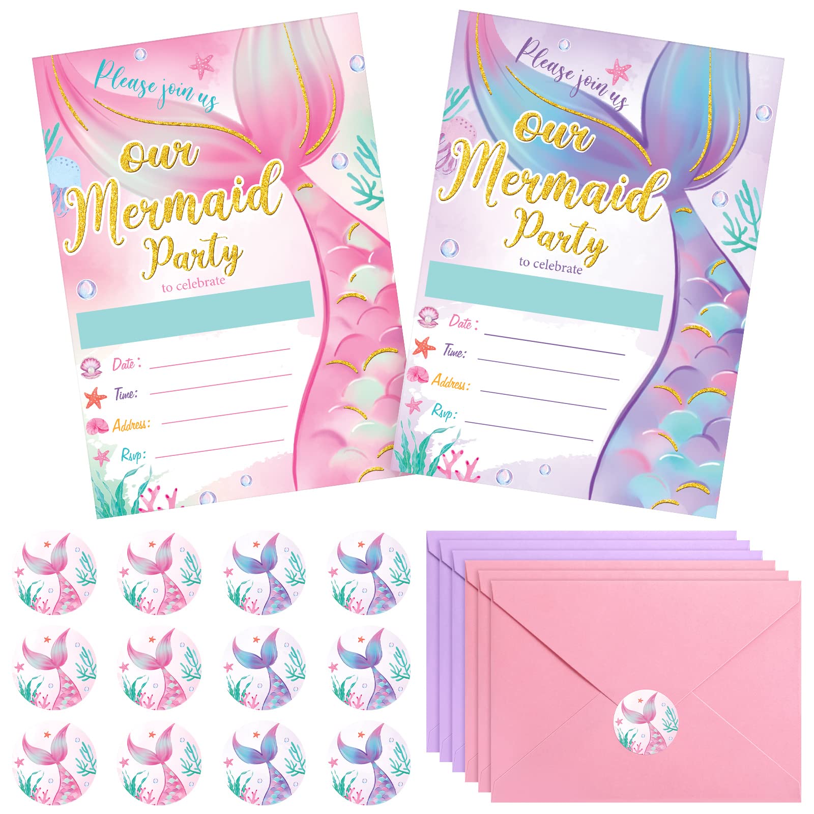 PerKoop Mermaid Themed Birthday Party Invitations - Set of 24 Cards, Envelopes and Stickers