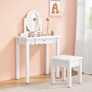 Kids Vanity - Little Girls Vanity Set with Mirror and Stool, Wooden 2 in 1 Toddler Vanity Makeup Desk Dressing Table with Detachable Top & Drawer, Princess Vanity Dresser Set for Little Girls, White