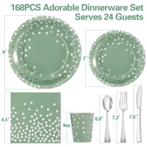 Gudvilla Sage Green Paper Plates-168pcs Sage Green Plates Disposable Party Supplies Serve 24 for Sage Green and Silver Birthday Wedding Baby Shower Party Decorations