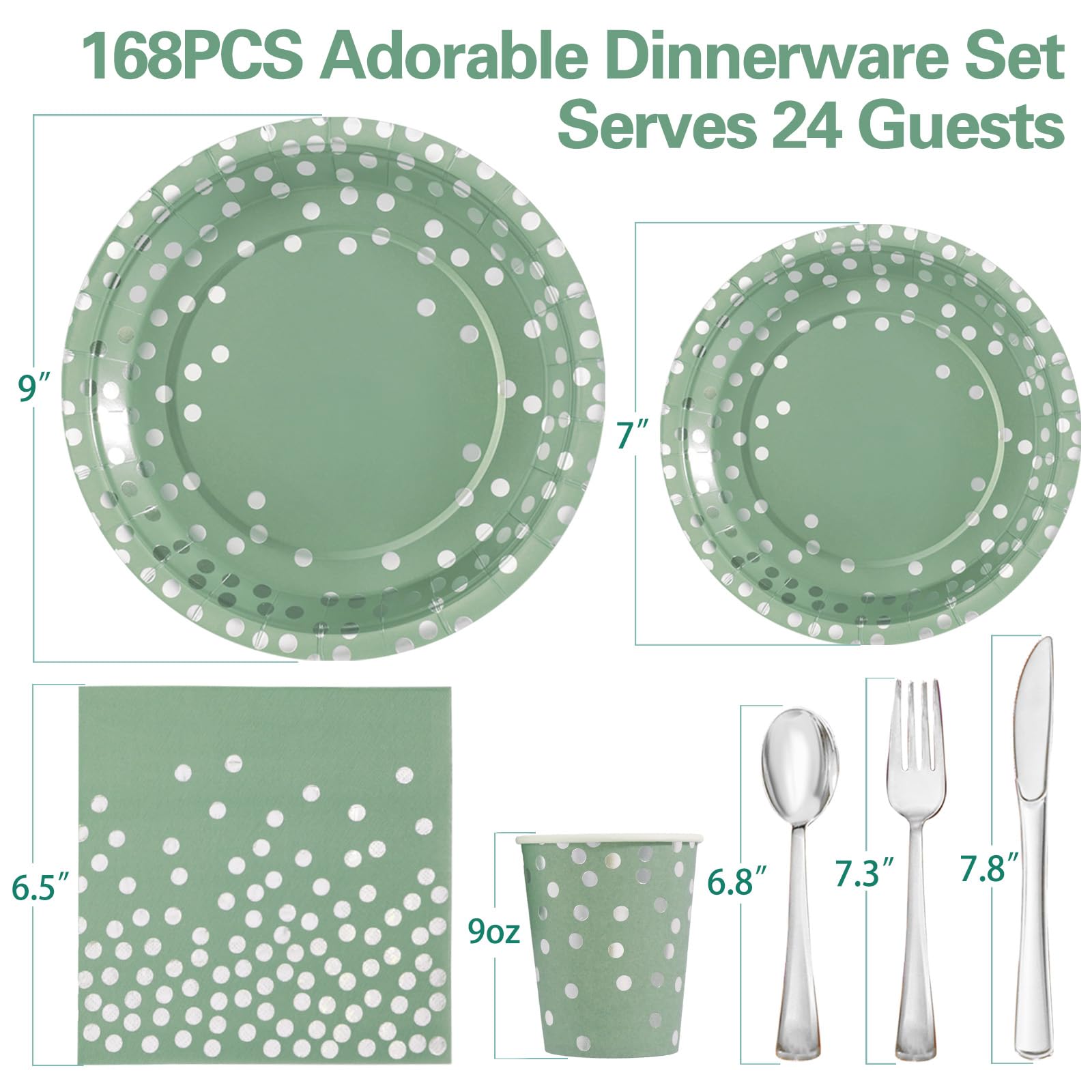 Gudvilla Sage Green Paper Plates-168pcs Sage Green Plates Disposable Party Supplies Serve 24 for Sage Green and Silver Birthday Wedding Baby Shower Party Decorations