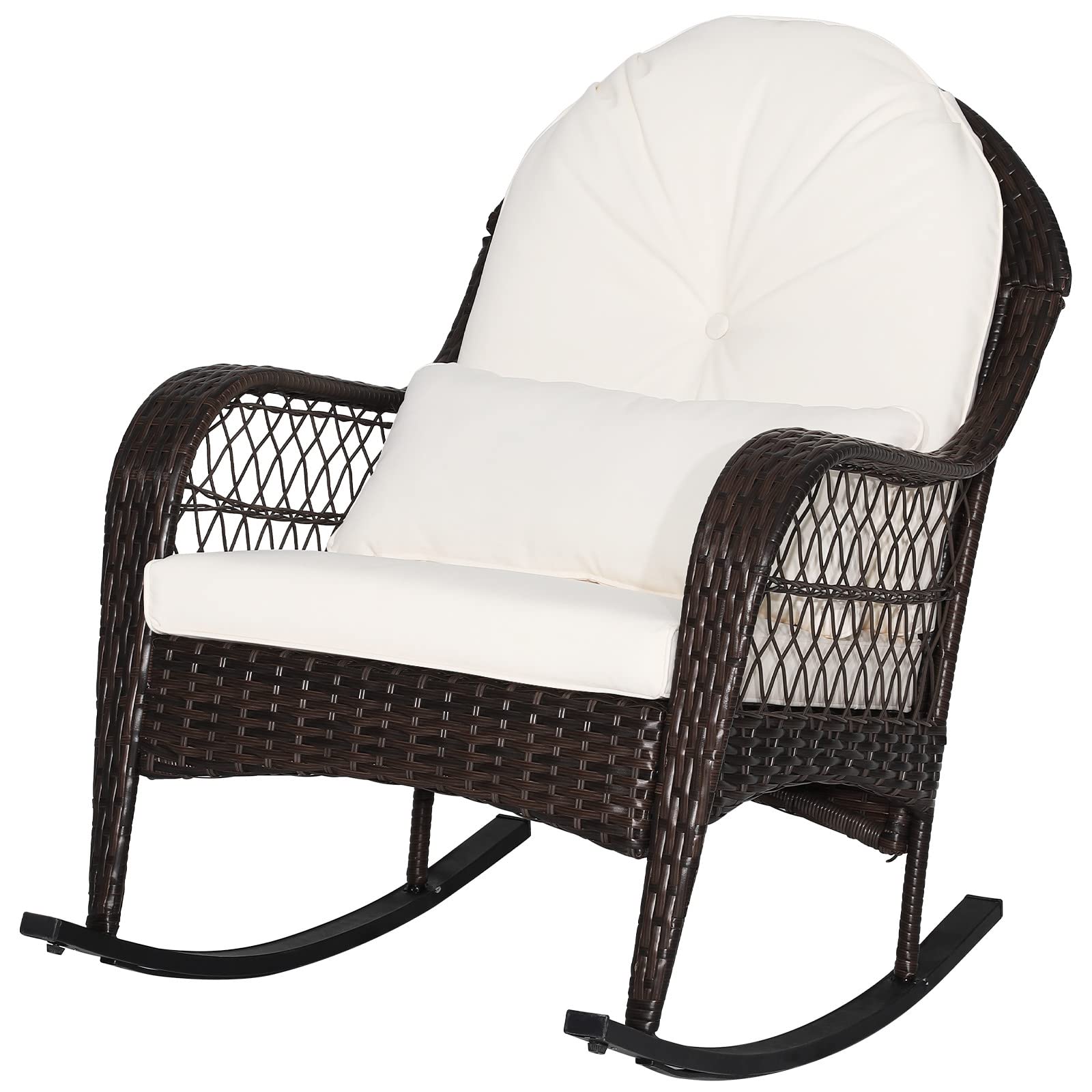 ORALNER Patio Wicker Rocking Chair, Outdoor PE Rattan Rocker with Seat and Back Cushion, Waist Pillow, Armrests, Garden Chair for Porch, Backyard, Poolside, Deck (1, Off White)