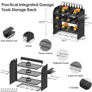 CCCEI Modular Pegboard Rack Power Tool Organizer with Charging Station. 4 Layer Wall Mount Drill Holder, Mechanic Tool Battery Charger Organizer. Garage Shop Storage Utility Shelf with Power Strip.