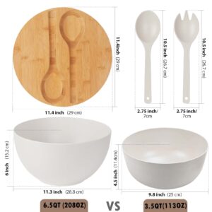 ECOHAGOU 11.3" Extra Large Salad Serving Bowl Set with Wooden Lid&Utensils, 6.5Qt., Bamboo Fiber Salad Bowl with Servers for Kitchen, Lightweight Big Bowl for Mixing Salad,Fruit,Pasta - Matte White