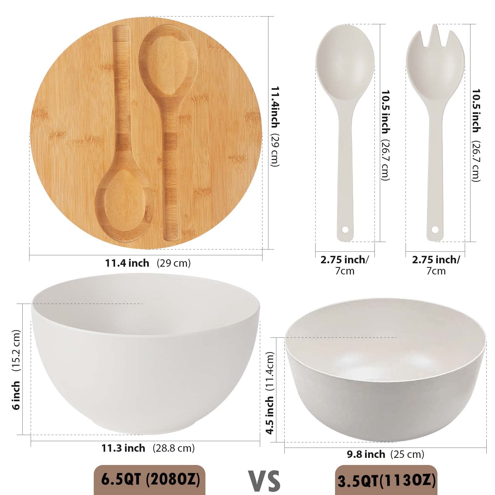 ECOHAGOU 11.3" Extra Large Salad Serving Bowl Set with Wooden Lid&Utensils, 6.5Qt., Bamboo Fiber Salad Bowl with Servers for Kitchen, Lightweight Big Bowl for Mixing Salad,Fruit,Pasta - Matte White