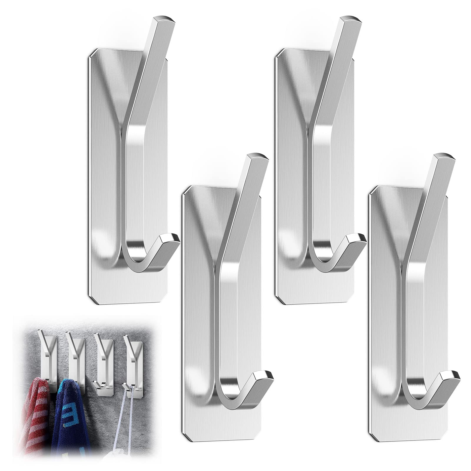 KIKISML [4 Pack Adhesive Hooks, Towel Hanger/Stainless Coat Hooks, Heavy Duty Stick on Hooks, Waterproof Sticky Hooks for Hanging Bathroom Kitchen Door, Silver