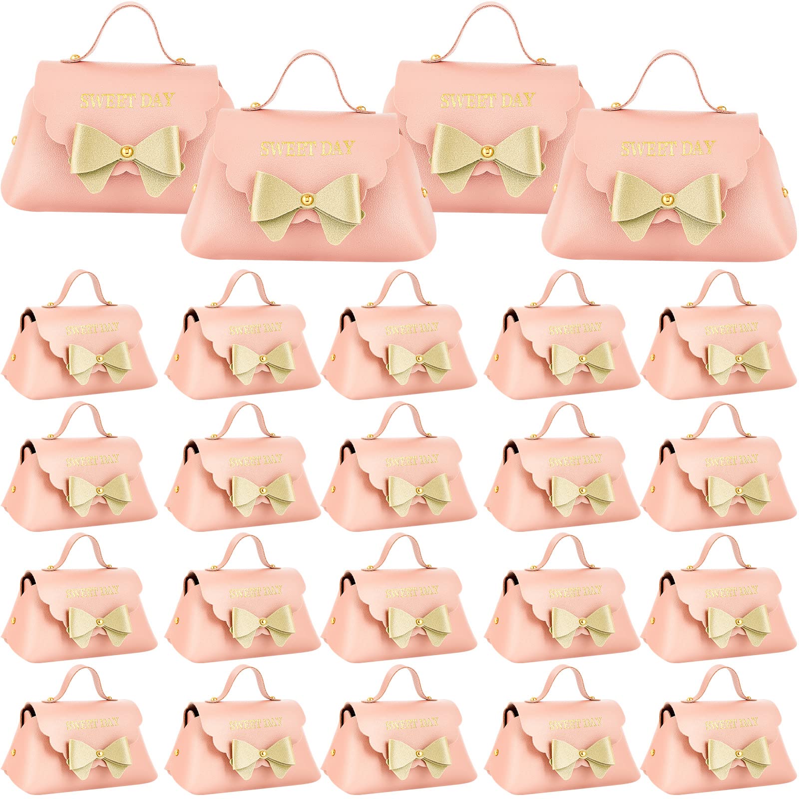 Dandat 24 Pcs PU Leather Bowknot Gift Boxes 5x3 Inch Reusable Candy Gift Favor Boxes with Bow Mini Bowknot Handbag Purse Gift Bags with Handles for Wedding Baby Shower Birthday Party Favor Bag (Pink)