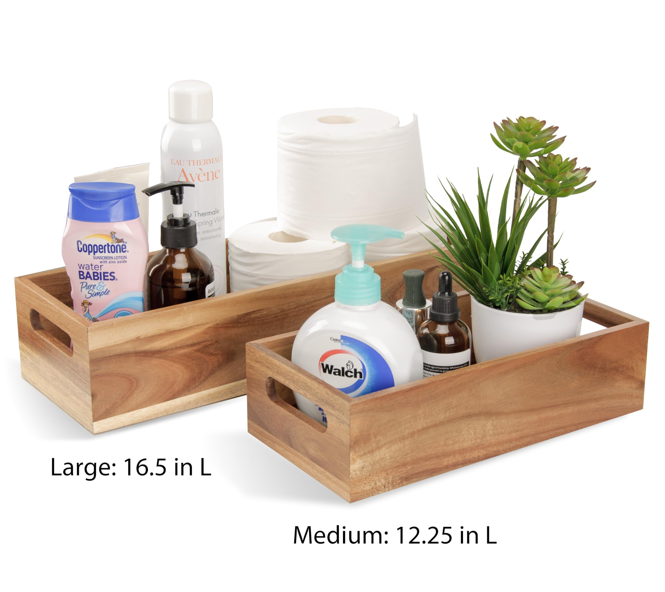 Eitida Natural Acacia Wood Bathroom Tray with Handles for Organizing Toiletries and Accessories - 16.5L x 6W inch