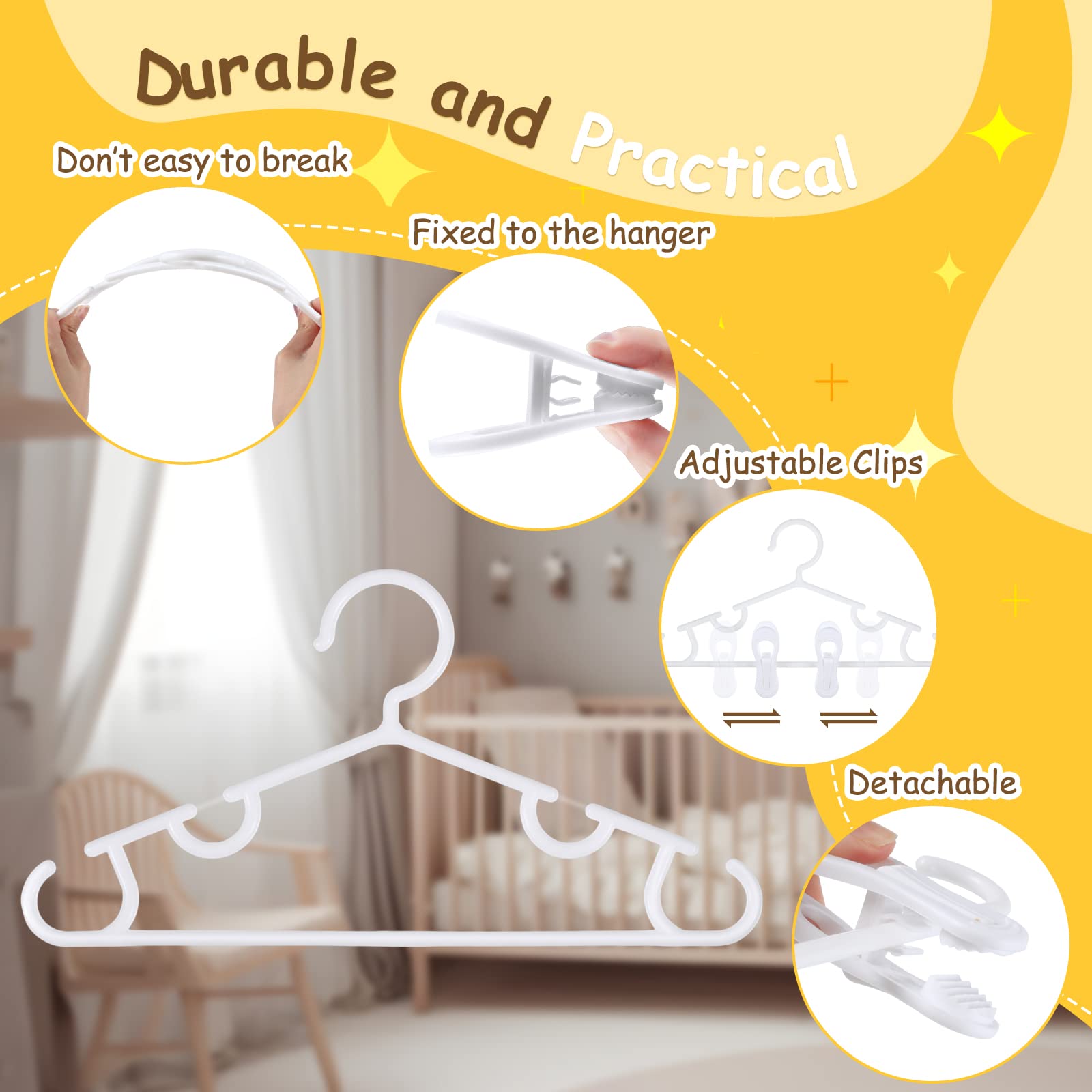 Hsei 120 Packs Baby Hangers with Clips Toddler Hangers Kids Hangers with Clips for Pants Closet Coat Skirts Socks (White)