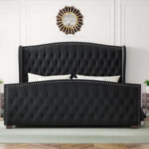 LUXOAK King Platform Bed Frame with Wingback Headboard, Velvet Upholstered Bed Frame with Handmade Button Tufted & Nailhead, Wooden Slats Support, Black