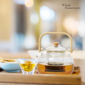 WHOLE HOUSEWARES Glass Teapot with Infuser - Borosilicate Glass Tea Kettle with Bamboo Lid - Clear Tea Pot - Dishwasher & Stovetop Friendly - Microwave Safe - Tea Lovers Gift Cups