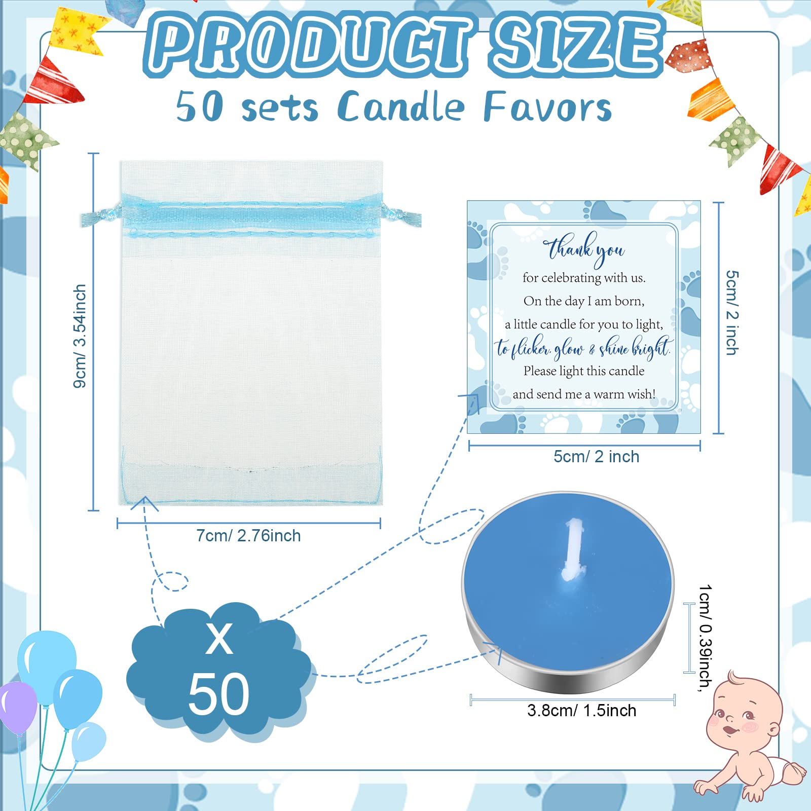 50 Sets Baby Shower Party Favors Including 50 Pcs Unscented Tealight Baby Shower Candles 50 Pcs Gift Bags 50 Pcs Baby Shower Cards for Baby Shower Gender Reveal Party Supplies (Blue)