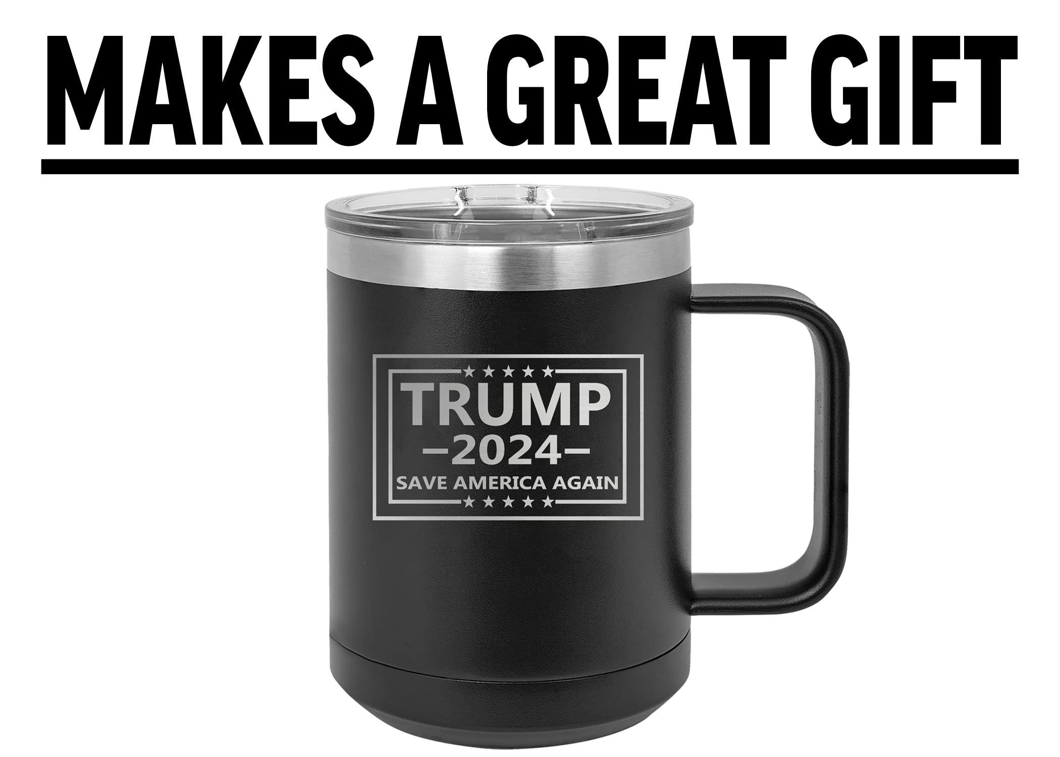 Rogue River Tactical Donald Trump 2024 Save America Heavy Duty Stainless Steel Black Coffee Mug Tumbler With Lid Novelty Cup Great Gift Idea For Conservative or Republican