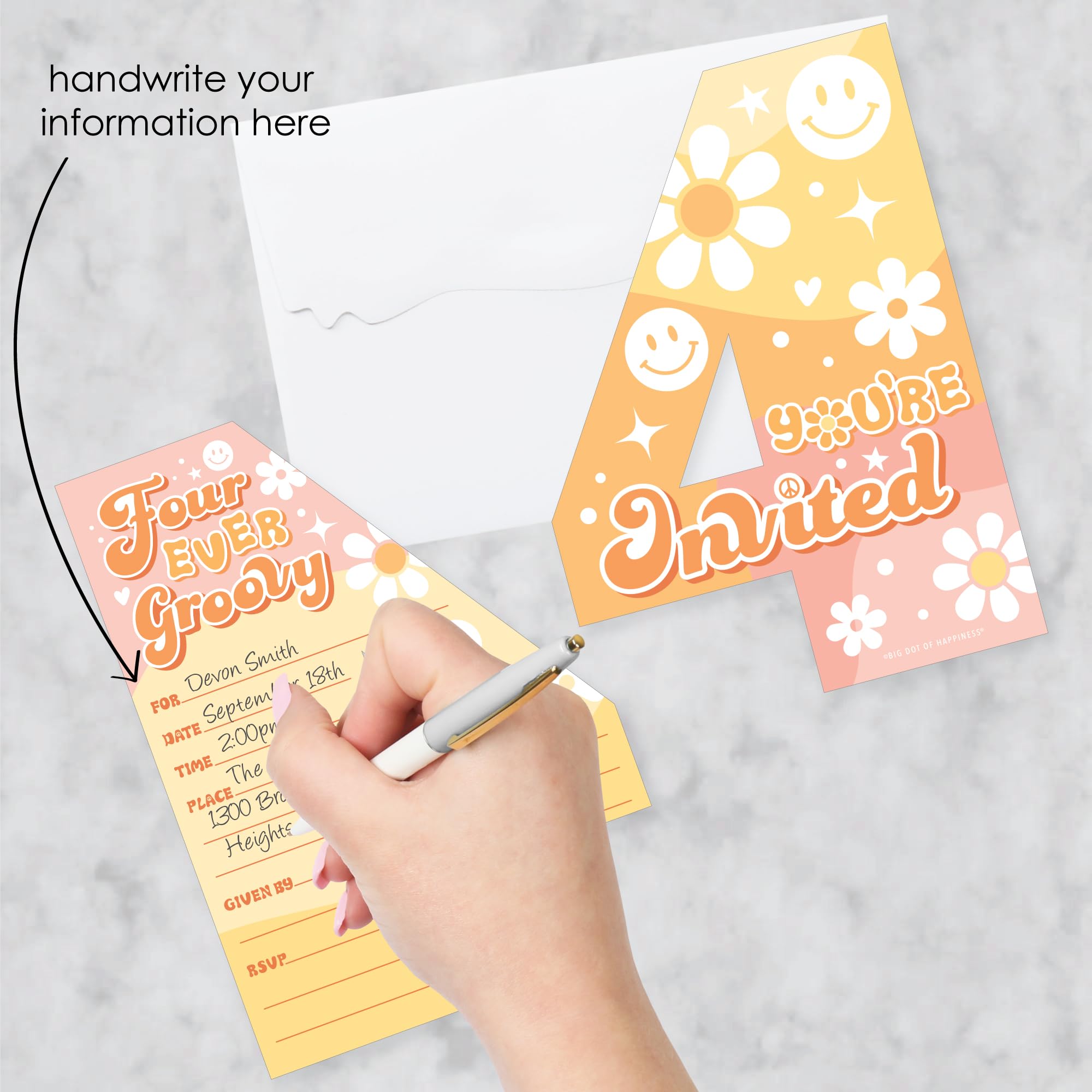 Big Dot of Happiness Four-Ever Groovy - Shaped Fill-In Invitations - Boho Hippie Fourth Birthday Party Invitation Cards with Envelopes - Set of 12