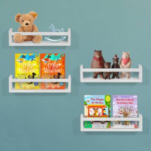 nananardoso nursery room shelves wall mounted, set of 4 natural wood floating book shelves for kids bedroom, baby nursery décor, kid bookshelf organizer for bathroom decor, floating bookshelf, white