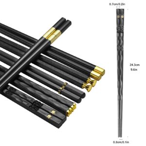 6 Pairs Chopsticks Reusable Fiberglass Chopsticks Dishwasher Safe, 9.6 inch/24.3cm Japanese Chinese Chop Sticks Gift Set (Black&Golden)