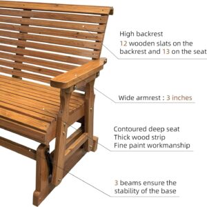 Fortune Candy Wooden Patio Glider with High Roll Back and Deep Contoured Seat, Solid Fir Wood, 2-Seater, Heavy Duty 800 LBS, 4 Feet, Brown