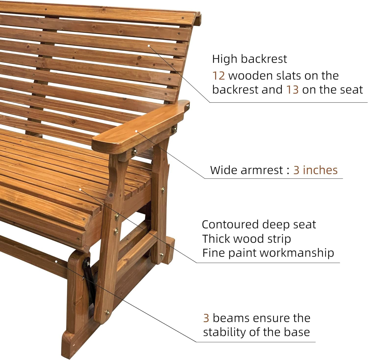 Fortune Candy Wooden Patio Glider with High Roll Back and Deep Contoured Seat, Solid Fir Wood, 2-Seater, Heavy Duty 800 LBS, 4 Feet, Brown