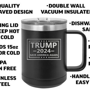 Rogue River Tactical Donald Trump 2024 Save America Heavy Duty Stainless Steel Black Coffee Mug Tumbler With Lid Novelty Cup Great Gift Idea For Conservative or Republican