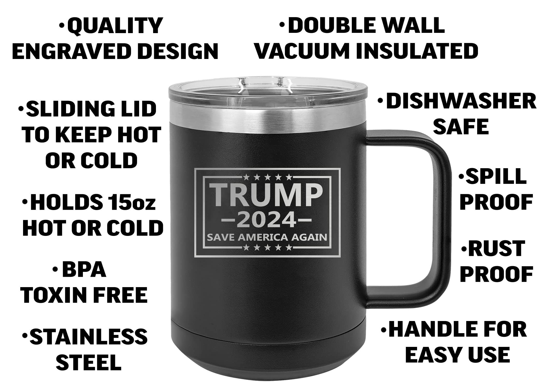 Rogue River Tactical Donald Trump 2024 Save America Heavy Duty Stainless Steel Black Coffee Mug Tumbler With Lid Novelty Cup Great Gift Idea For Conservative or Republican