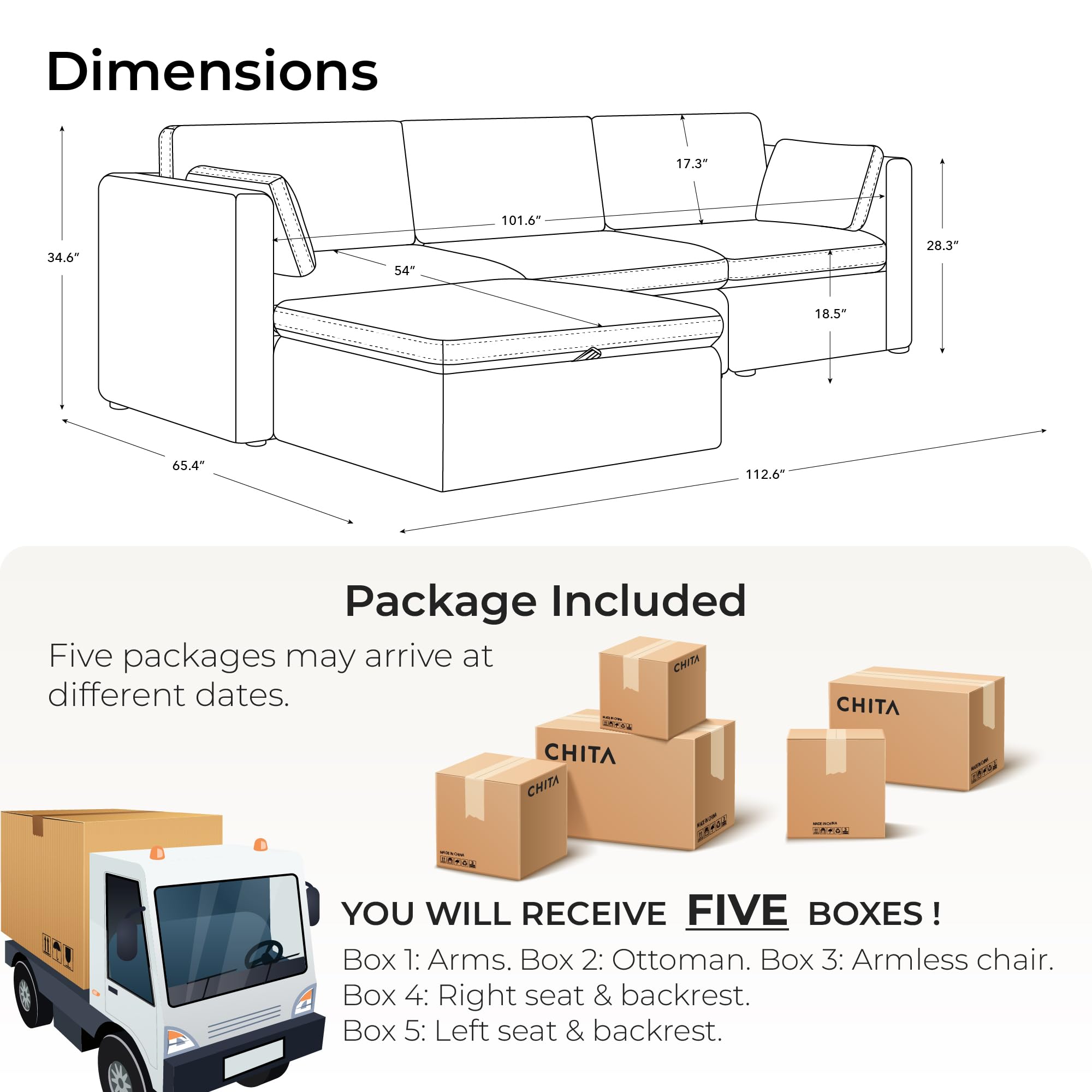 CHITA Oversized Modular Sectional Fabric Sofa Set, FSC Certified Extra Large L Shaped Couch Reversible Chaise Modular Sectional Couch, 112 inch Width,4 Seat Modular Sofa with Storage Ottoman, Linen