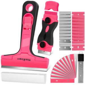 thinklearn razor blade scraper tool, 2pcs pink razor scraper with 40pcs replacement blades, glass scraper for removing decals, tint, stickers, labels, caulk, adhesive from window, oven, stove top