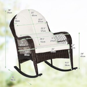 ORALNER Patio Wicker Rocking Chair, Outdoor PE Rattan Rocker with Seat and Back Cushion, Waist Pillow, Armrests, Garden Chair for Porch, Backyard, Poolside, Deck (1, Off White)