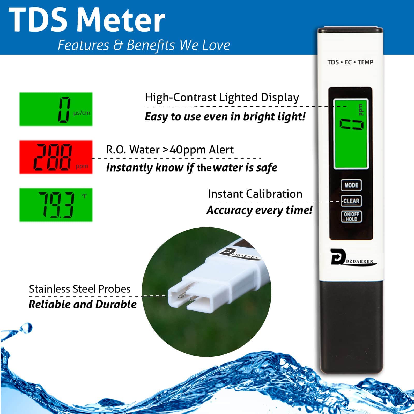 PH Meter, Digital 4 in 1 PH EC TDS Temp Meter for Water Hydroponics, Waterproof DWC PH and EC PPM Water Tester with Backlit for Nutrients Growing,Pool,Indoor Garden, Home Brewing, Aquarium, Hot Tub