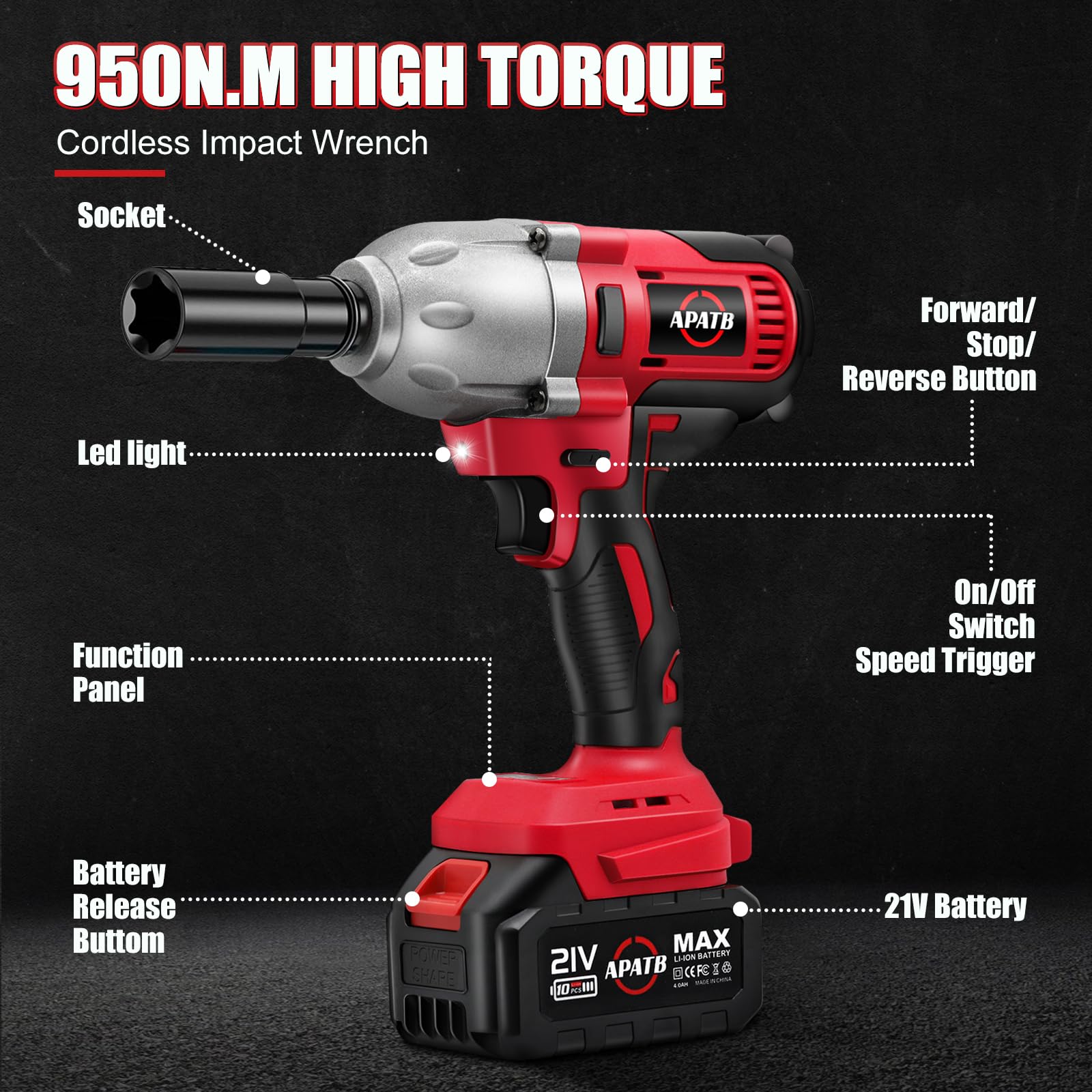 APATB 1/2 inch Impact Wrench, Max Torque 950N.m(700Ft-lbs) Cordless Brushless Impact Wrench, 3300RPM High Torque Electric Impact Gun with 2x 4.0Ah Li-ion Battery, Charger, 3 Extension Bars, 6 Sockets