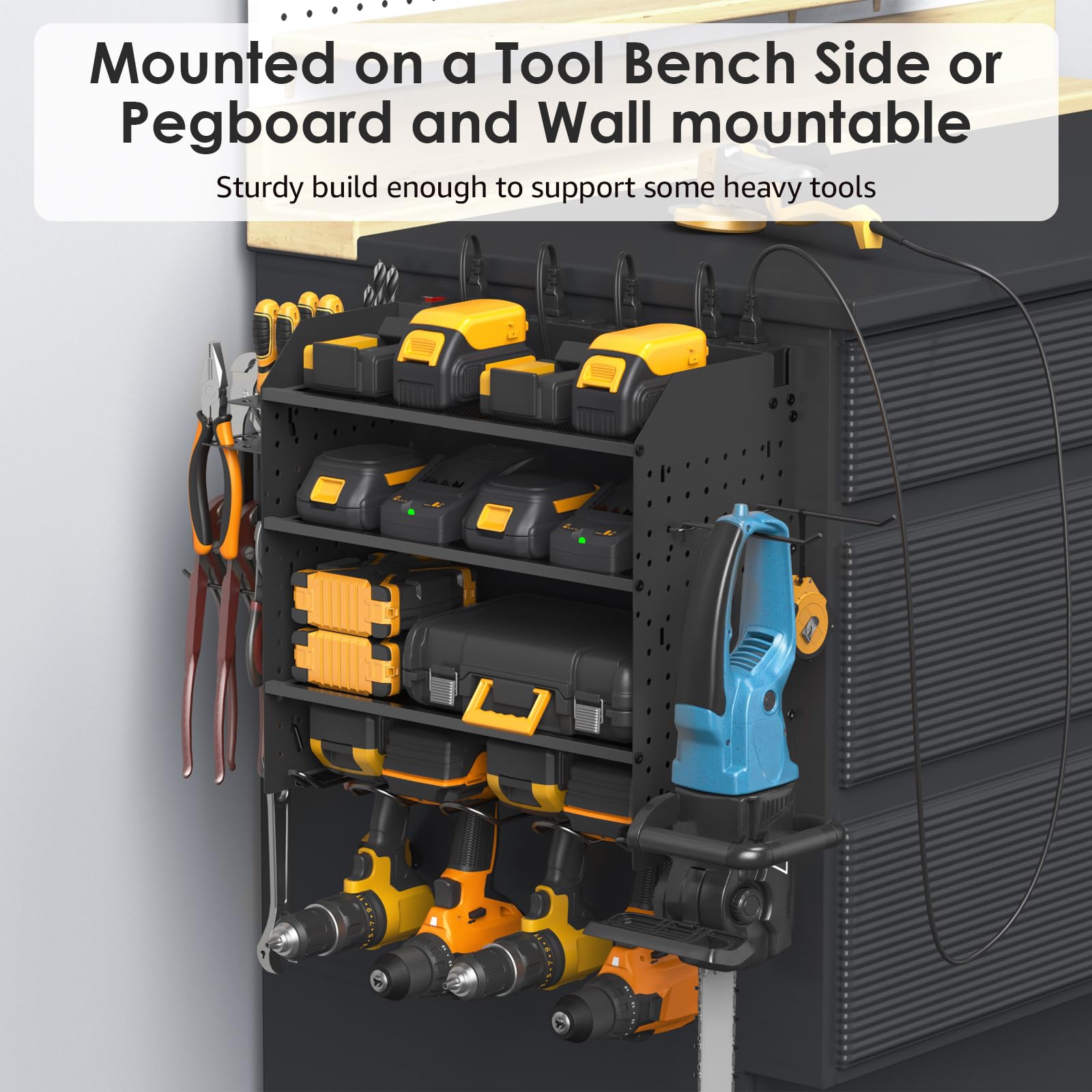 CCCEI Modular Pegboard Rack Power Tool Organizer with Charging Station. 4 Layer Wall Mount Drill Holder, Mechanic Tool Battery Charger Organizer. Garage Shop Storage Utility Shelf with Power Strip.